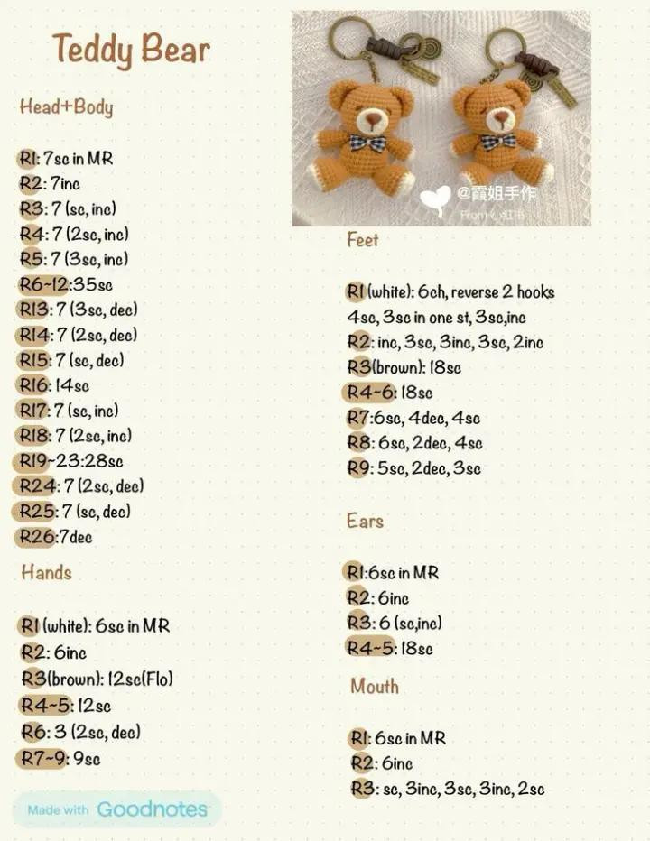 Teddy Bear Crochet Pattern Chart: Head, Body, Ears & Accessories