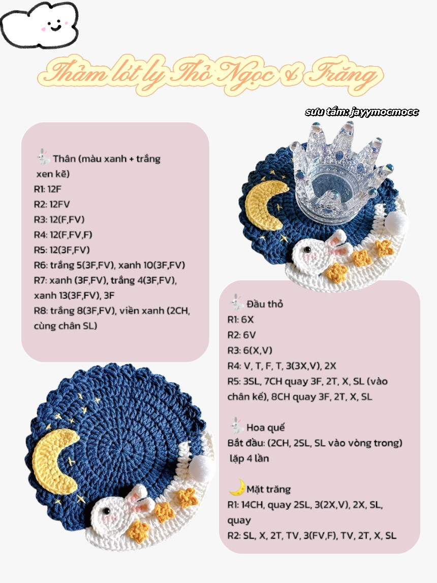 Thảm lót ly Thỏ Ngọc & Trăng - Chart móc len Trung thu