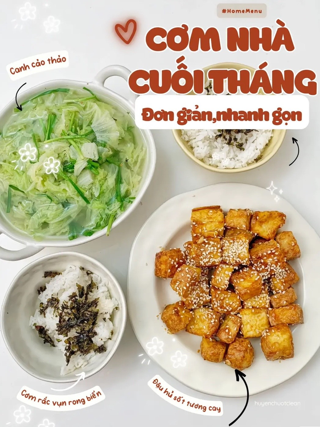 Thực đơn cơm nhà cuối tháng: Đậu hũ sốt tương cay, canh cải thảo và cơm rắc vụn rong biển