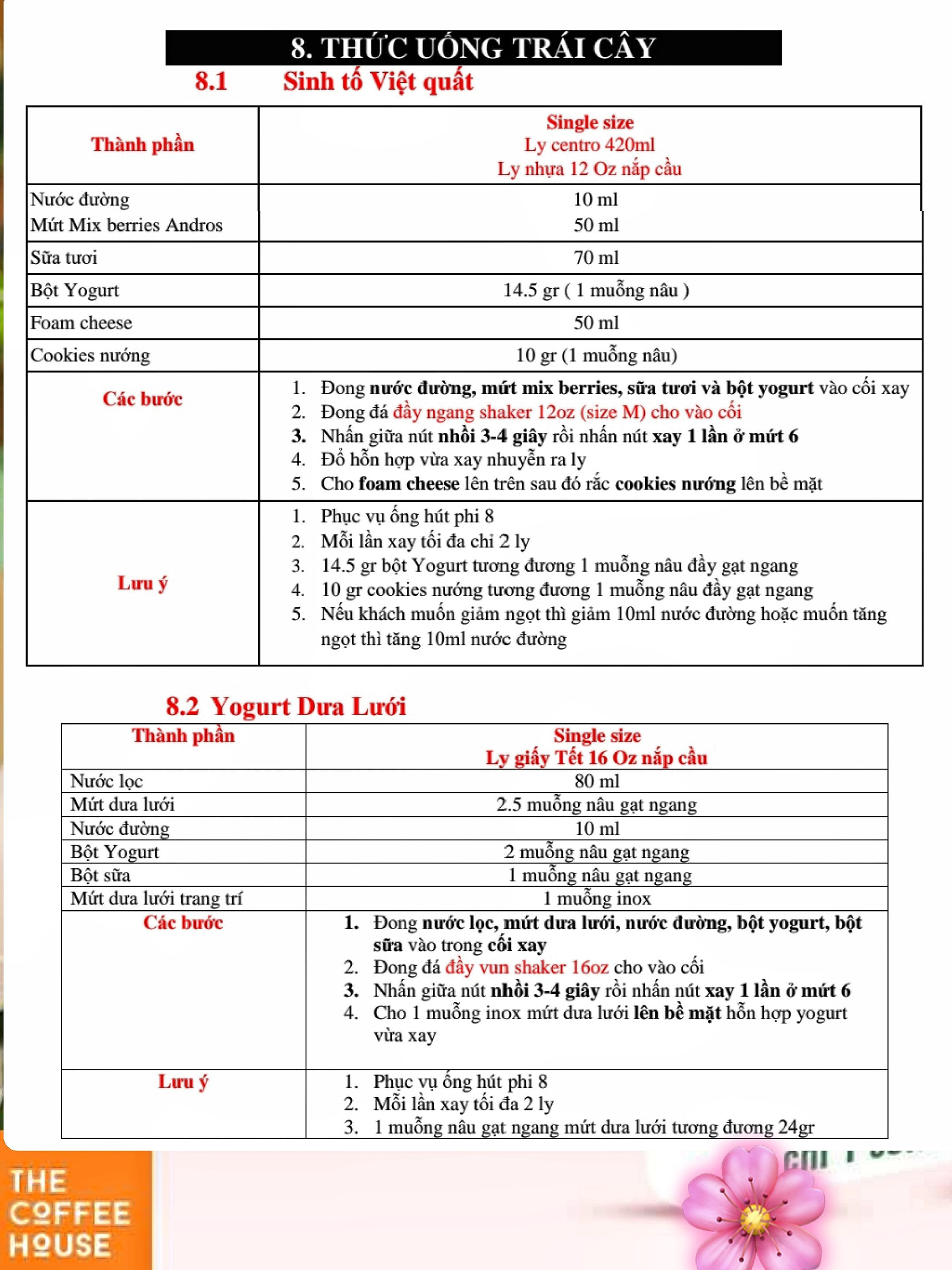 Thực đơn thức uống trái cây: Sinh tố Việt quất, Dưa lưới, Chanh sả và Phúc bồn tử cam đá xay