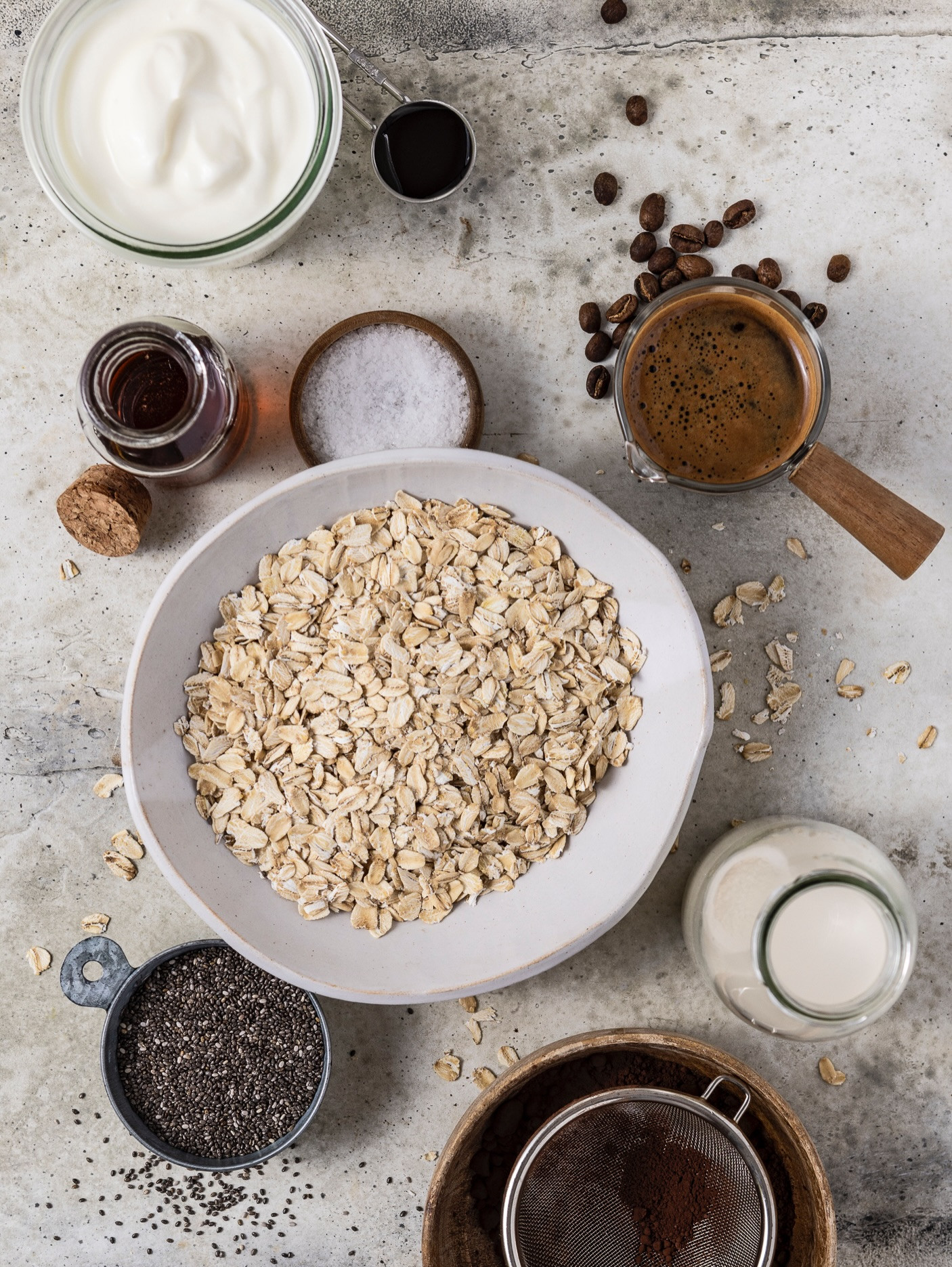Tiramisu Overnight Oats with Chia Seeds, Yogurt, and Espresso