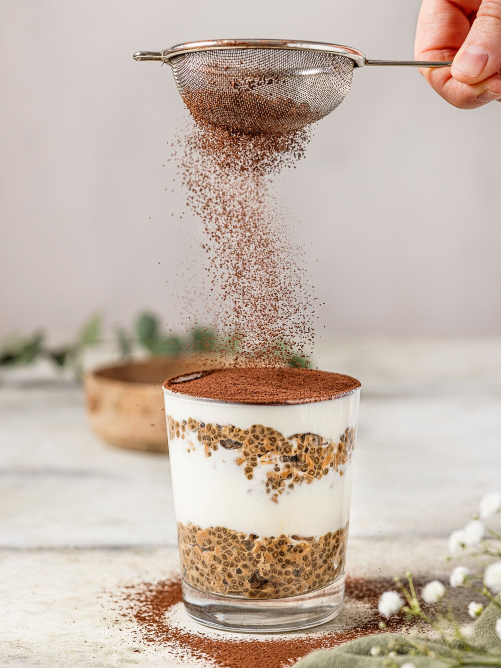 Tiramisu Overnight Oats with Chia Seeds, Yogurt, and Espresso