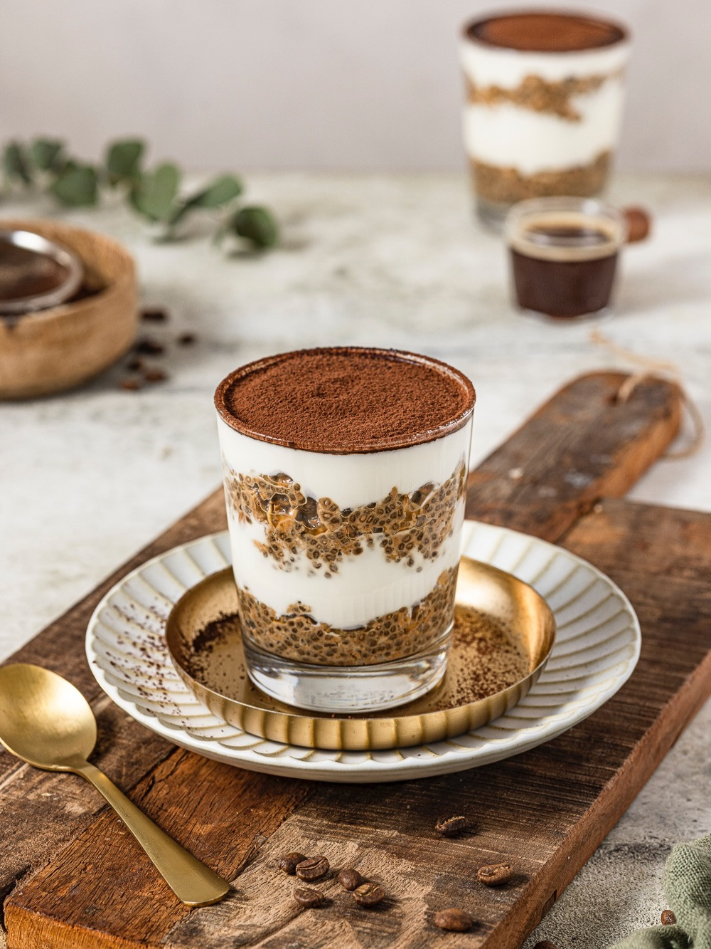 Tiramisu Overnight Oats with Chia Seeds, Yogurt, and Espresso