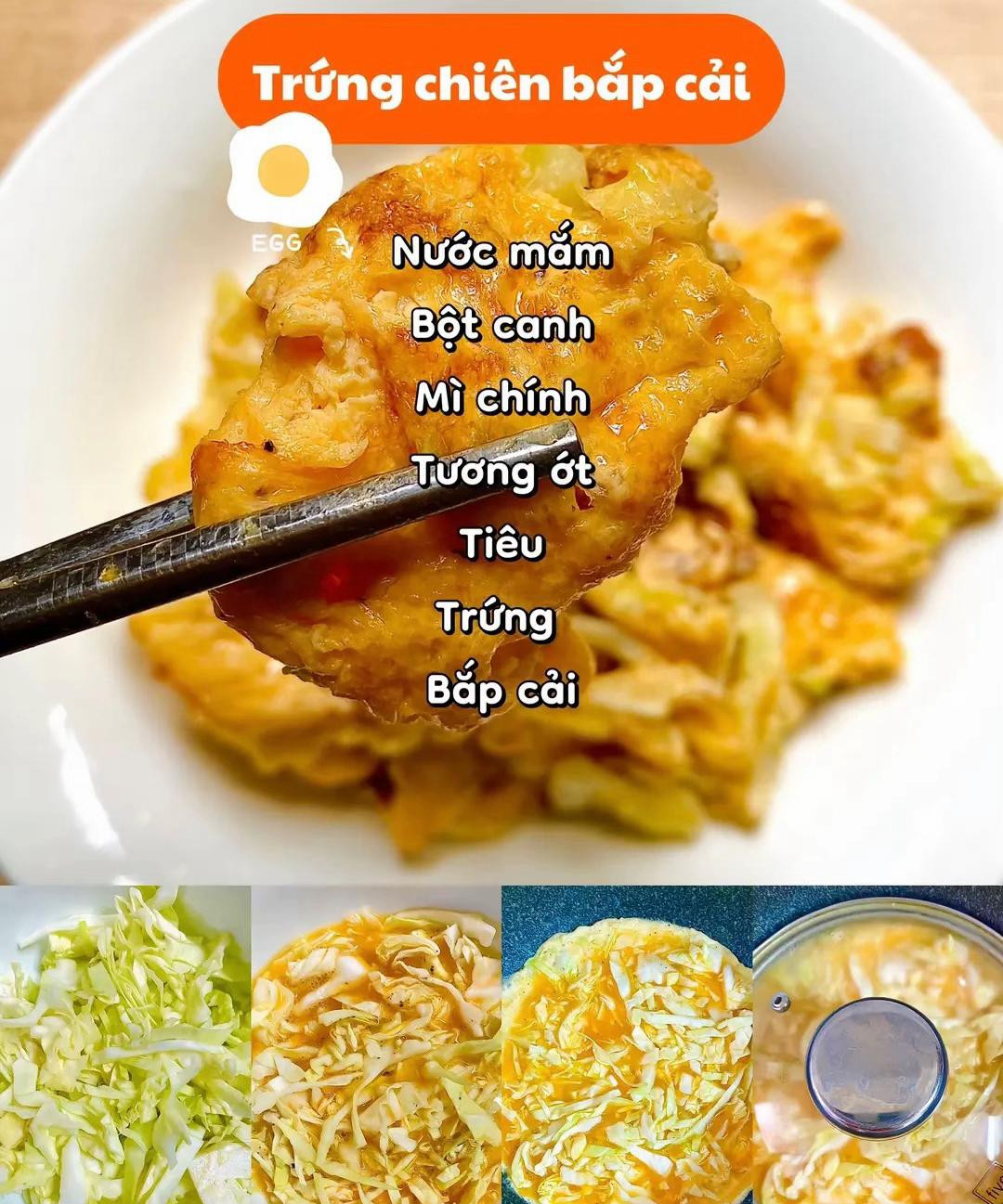 Tổng hợp 4 món ngon từ trứng: Trứng chiên bắp cải, Đậu hũ trứng sốt thịt, Canh mây và Mì xào trứng mayon