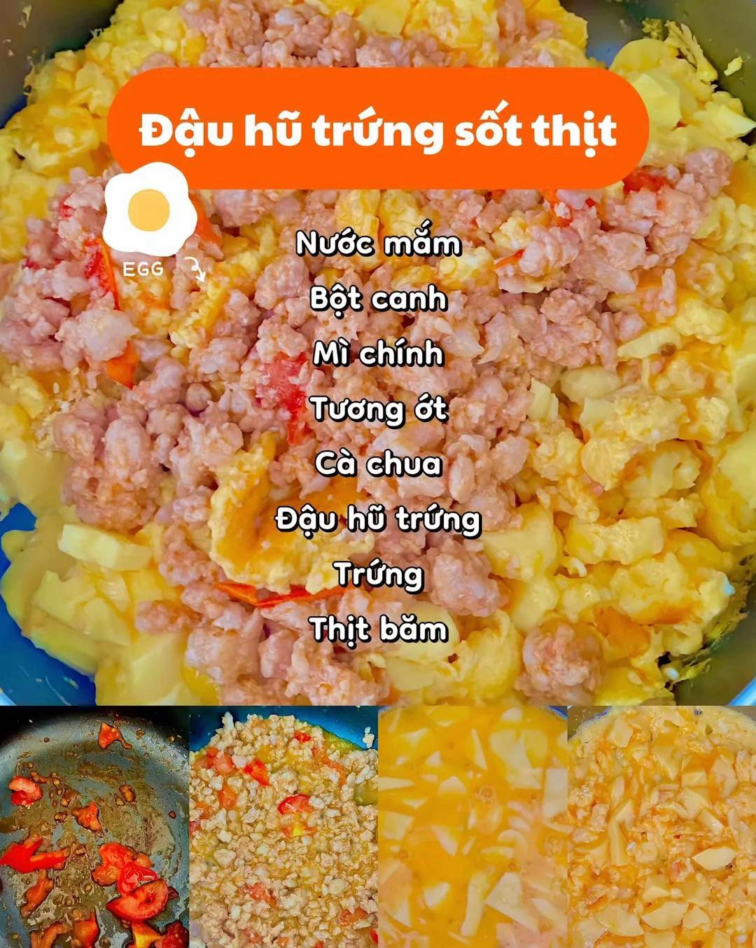 Tổng hợp 4 món ngon từ trứng: Trứng chiên bắp cải, Đậu hũ trứng sốt thịt, Canh mây và Mì xào trứng mayon