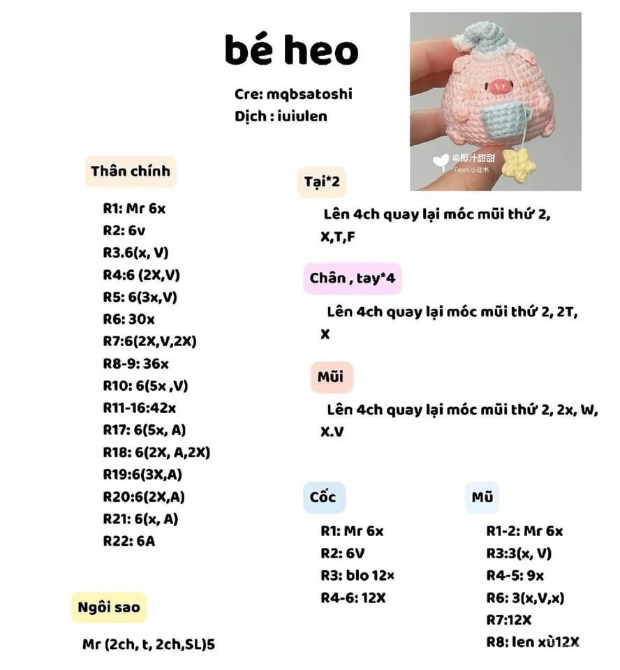 Tổng hợp bảng hướng dẫn móc len (chart) chi tiết cho bộ búp bê amigurumi dễ thương: Bé heo, Gấu May mắn, Mèo Xiêm và nhân vật mèo vàng