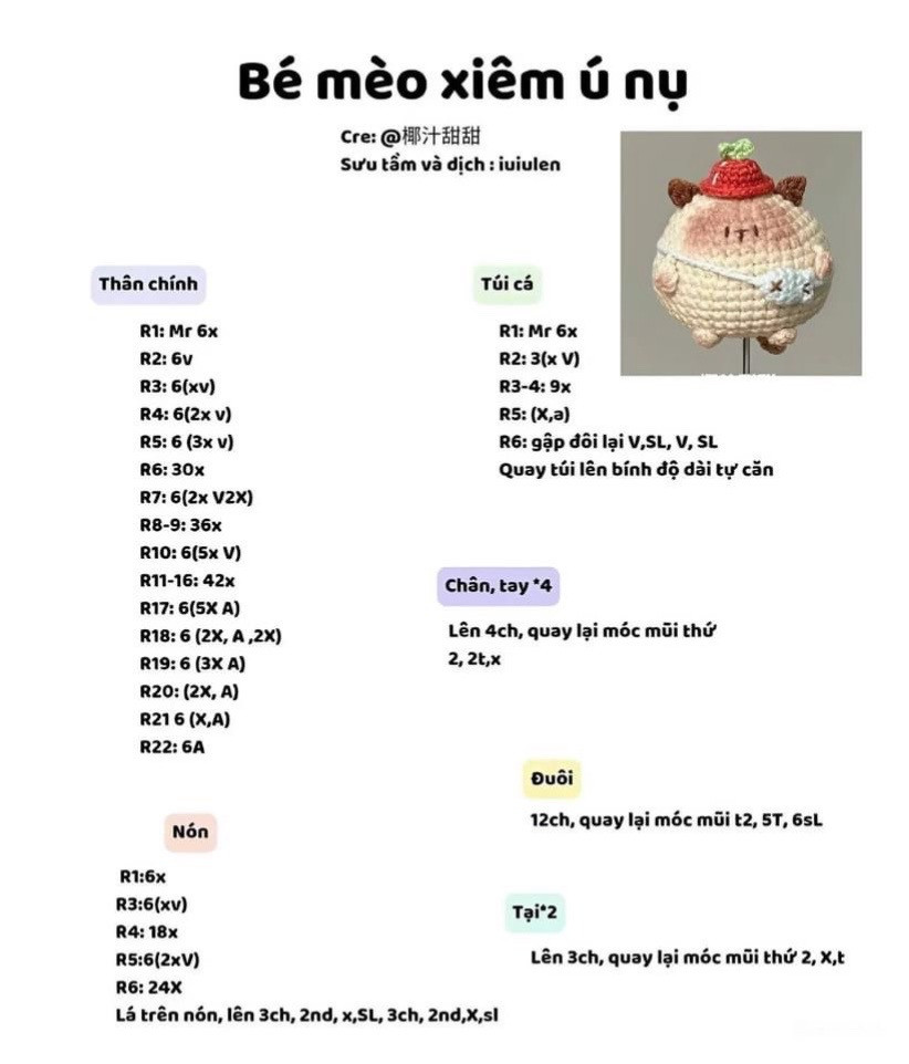 Tổng hợp bảng hướng dẫn móc len (chart) chi tiết cho bộ búp bê amigurumi dễ thương: Bé heo, Gấu May mắn, Mèo Xiêm và nhân vật mèo vàng