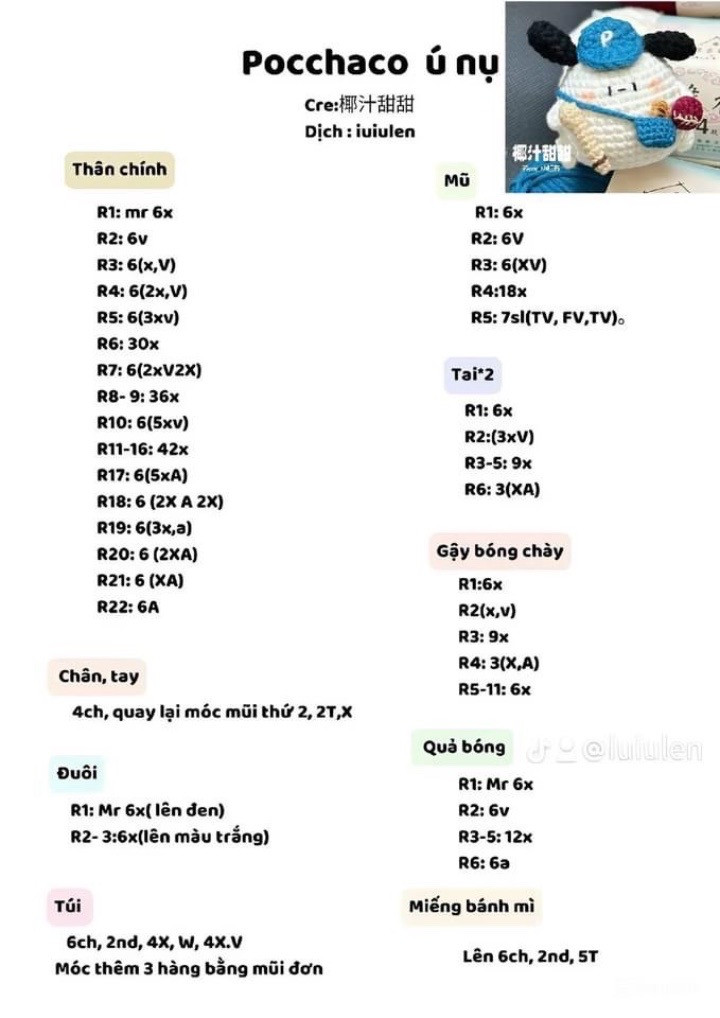 Tổng hợp bảng hướng dẫn móc len (chart) chi tiết cho bộ búp bê amigurumi dễ thương: Bé heo, Gấu May mắn, Mèo Xiêm và nhân vật mèo vàng