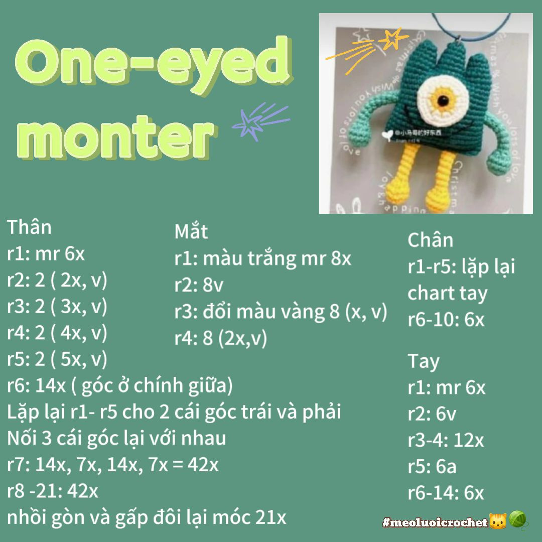 Tổng hợp bảng hướng dẫn móc len (Chart) nhân vật: Patrick Star, Quái vật một mắt, Sư tử con và Heo Akuma
