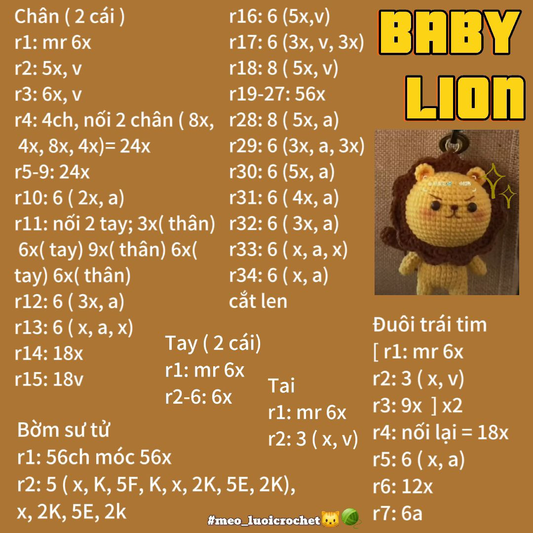 Tổng hợp bảng hướng dẫn móc len (Chart) nhân vật: Patrick Star, Quái vật một mắt, Sư tử con và Heo Akuma