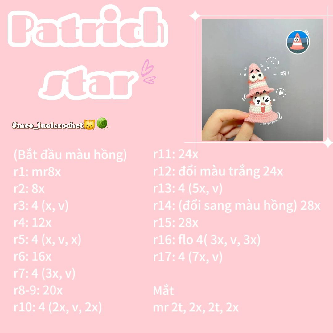 Tổng hợp bảng hướng dẫn móc len (Chart) nhân vật: Patrick Star, Quái vật một mắt, Sư tử con và Heo Akuma