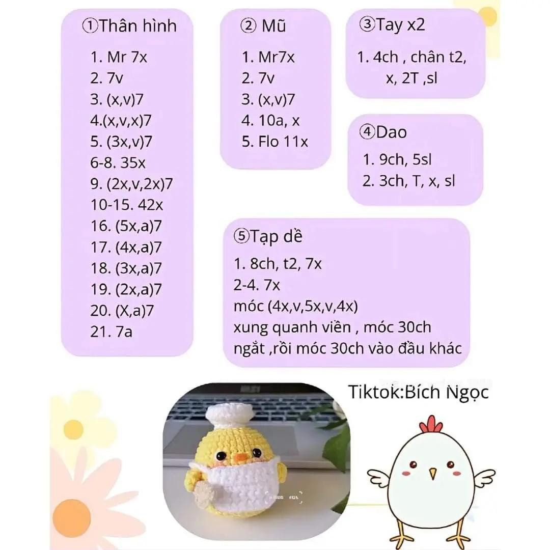 Tổng hợp các bảng hướng dẫn móc len (chart) búp bê mèo, gấu đầu bếp, gà và vịt mùa hè dễ thương