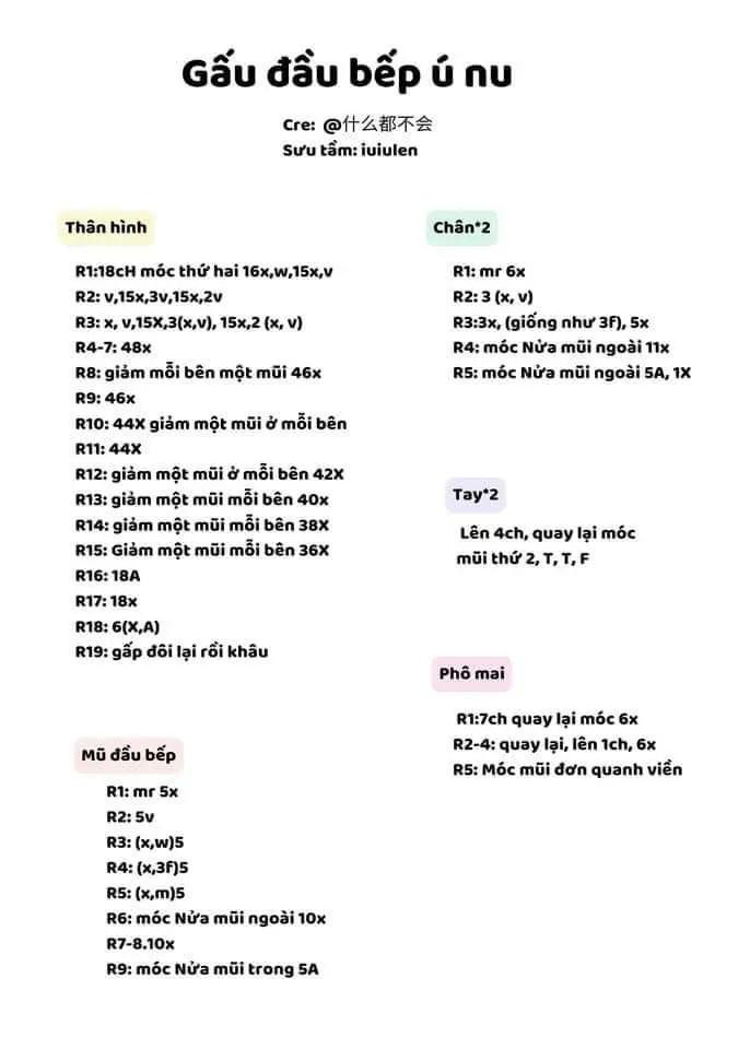 Tổng hợp các chart móc len thú ú nụ mini siêu xinh, dễ thương gồm mèo, Pocchaco, heo và chuột đầu bếp