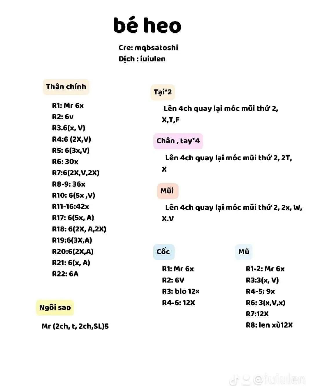 Tổng hợp các chart móc len thú ú nụ mini siêu xinh, dễ thương gồm mèo, Pocchaco, heo và chuột đầu bếp