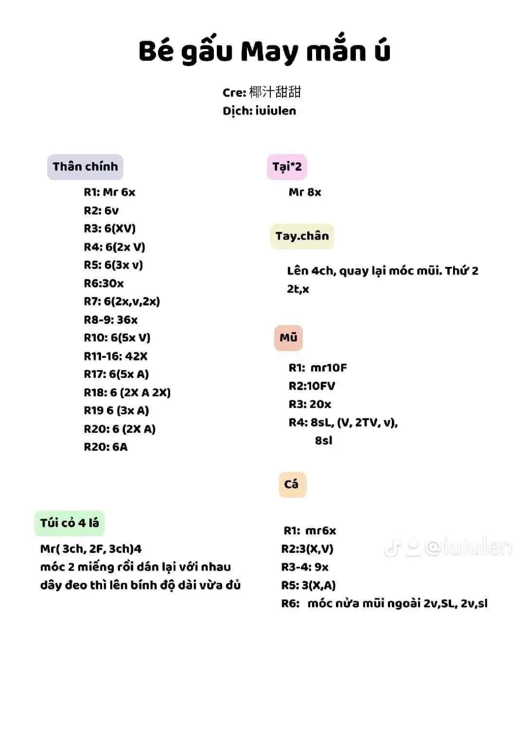 Tổng hợp các chart móc len thú ú nụ mini siêu xinh, dễ thương gồm mèo, Pocchaco, heo và chuột đầu bếp