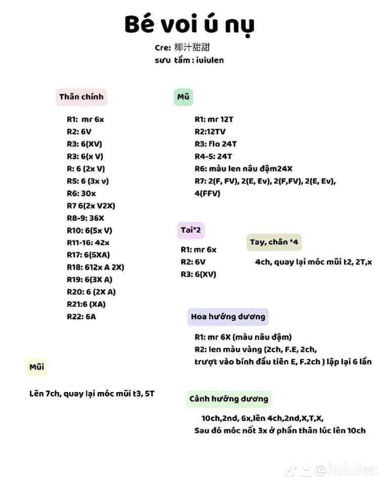 Tổng hợp các chart móc len thú ú nụ mini siêu xinh, dễ thương gồm mèo, Pocchaco, heo và chuột đầu bếp
