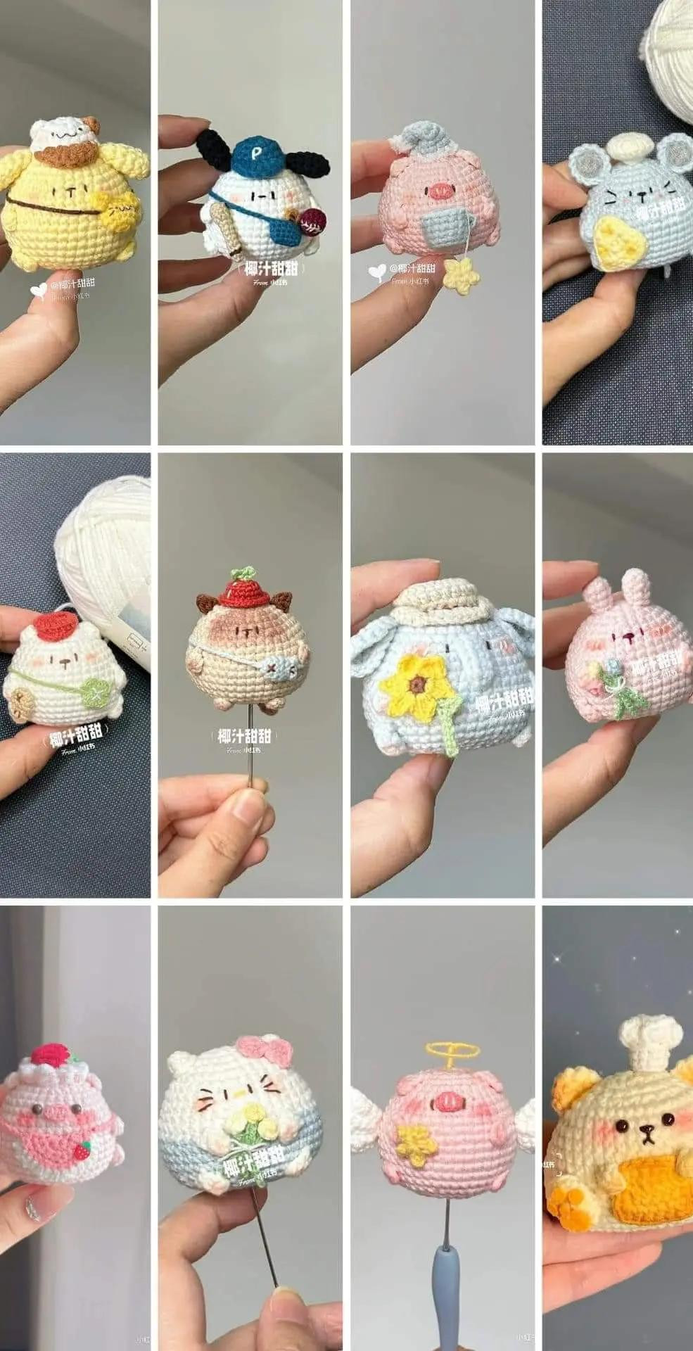 Tổng hợp các chart móc len thú ú nụ mini siêu xinh, dễ thương gồm mèo, Pocchaco, heo và chuột đầu bếp