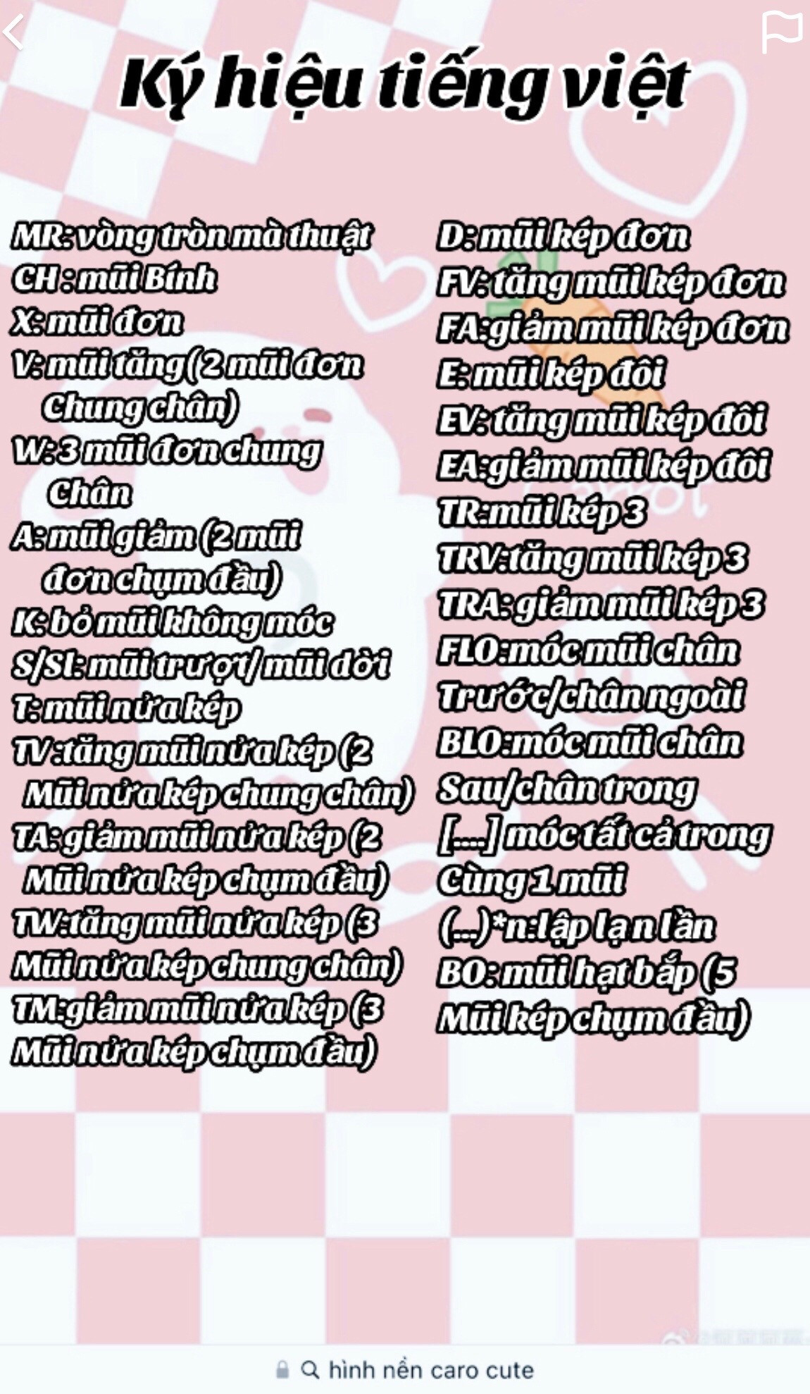 Tổng hợp các ký hiệu và viết tắt móc len cơ bản tiếng Việt