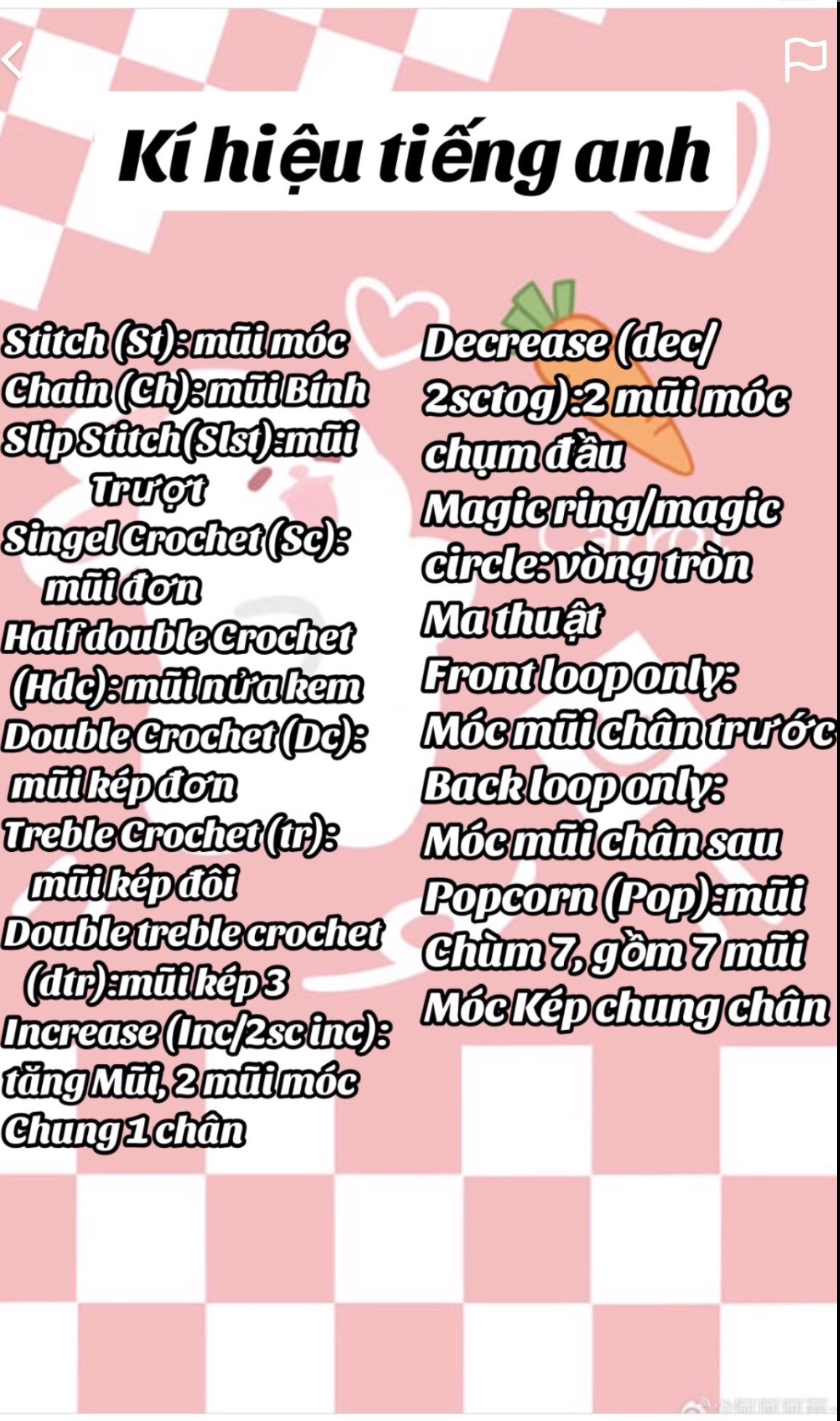 Tổng hợp các ký hiệu và viết tắt móc len cơ bản tiếng Việt