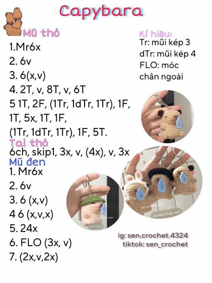 Tổng hợp các mẫu chart móc len Capybara (chuột lang nước) với nhiều phiên bản và phụ kiện khác nhau
