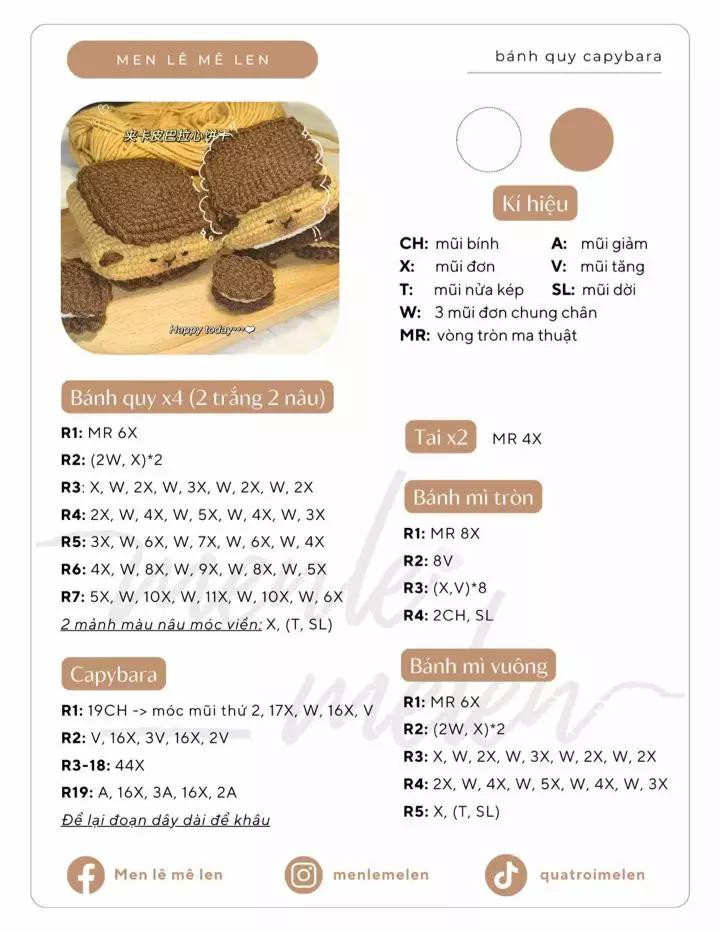 Tổng hợp các mẫu chart móc len Capybara: Công an, Bánh quy và Sấu Tầm