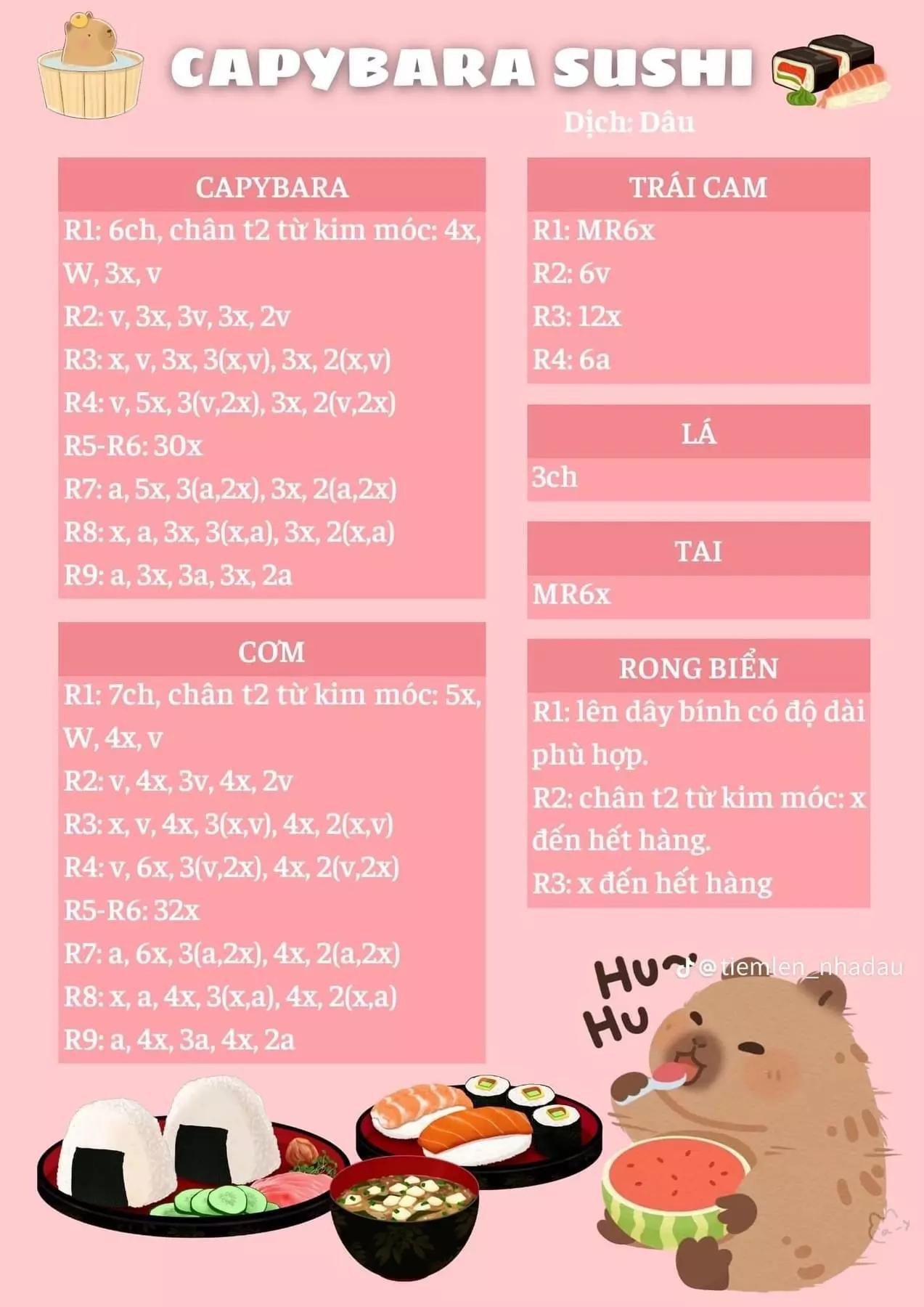 Tổng hợp các mẫu chart móc len Capybara: Công an, Bánh quy và Sấu Tầm