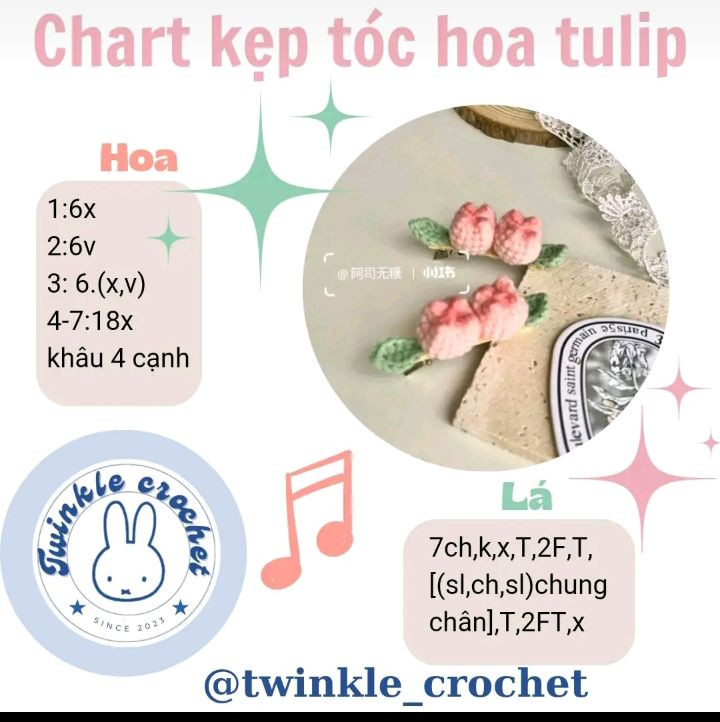 Tổng hợp chart hướng dẫn móc kẹp tóc dâu tây, cừu và hoa tulip