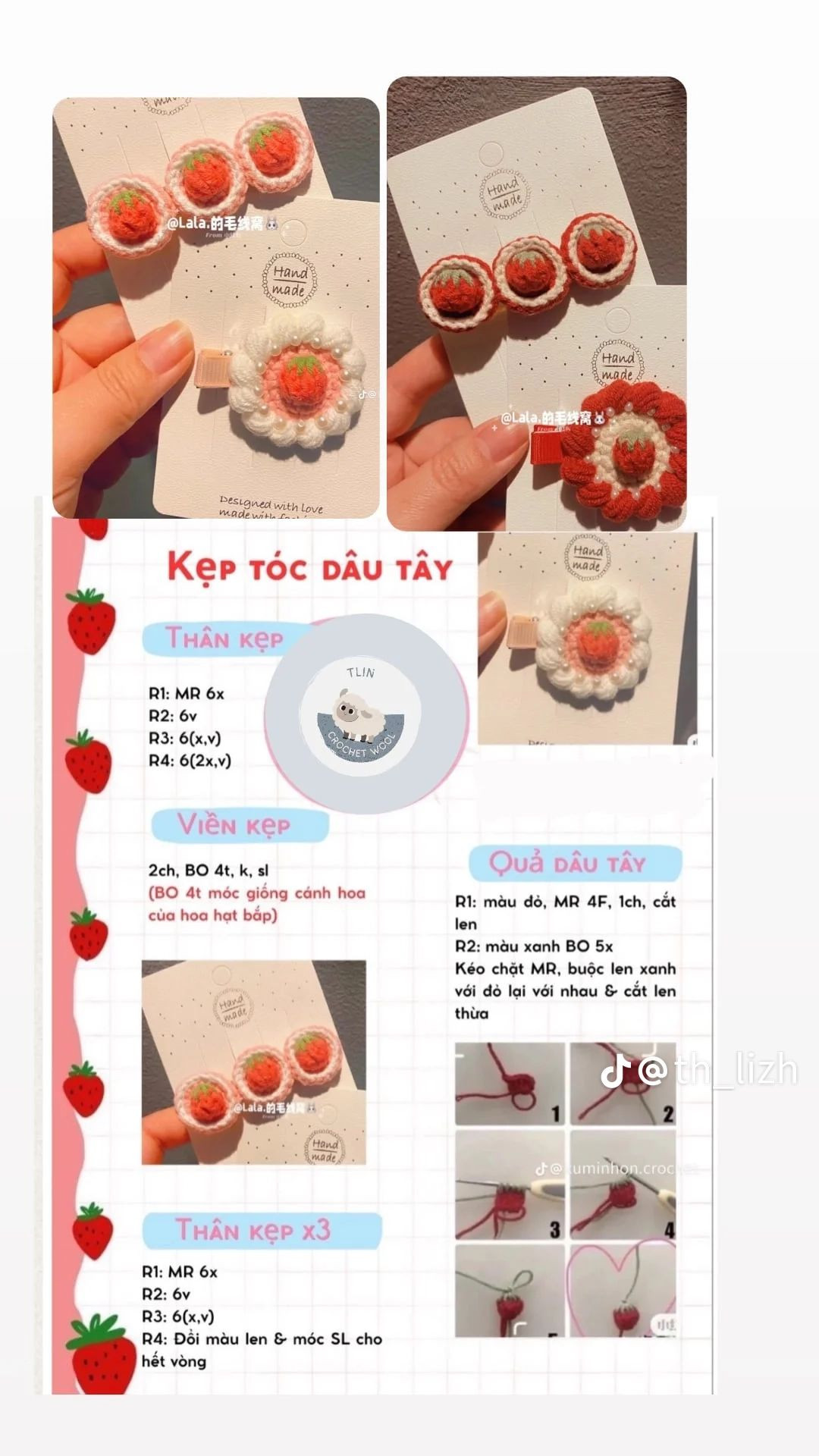 Tổng hợp chart hướng dẫn móc kẹp tóc dâu tây, cừu và hoa tulip
