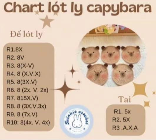 Tổng hợp chart lót ly móc len dễ thương: Capybara, Vịt và Mèo