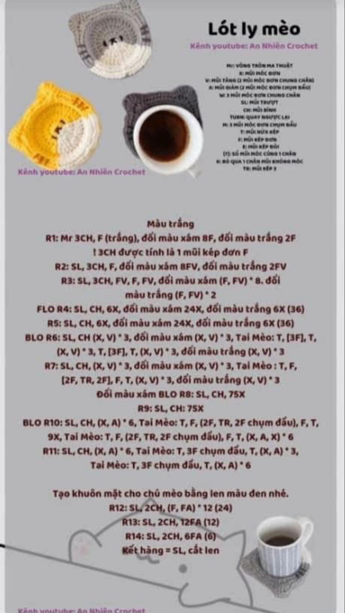 Tổng hợp chart lót ly móc len dễ thương: Capybara, Vịt và Mèo