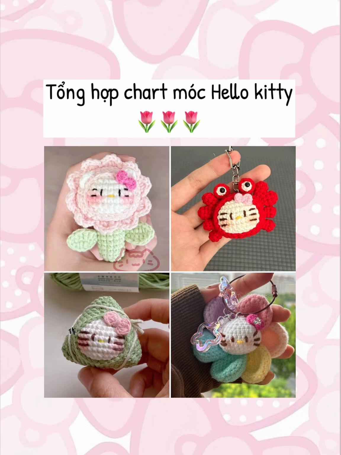Tổng hợp chart móc Hello Kitty: bông hoa, chuối và các mẫu phụ kiện dễ thương