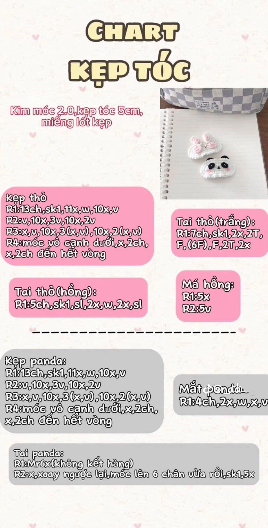 Tổng hợp chart móc kẹp tóc dâu tây, anh đào, hoa tulip và thỏ