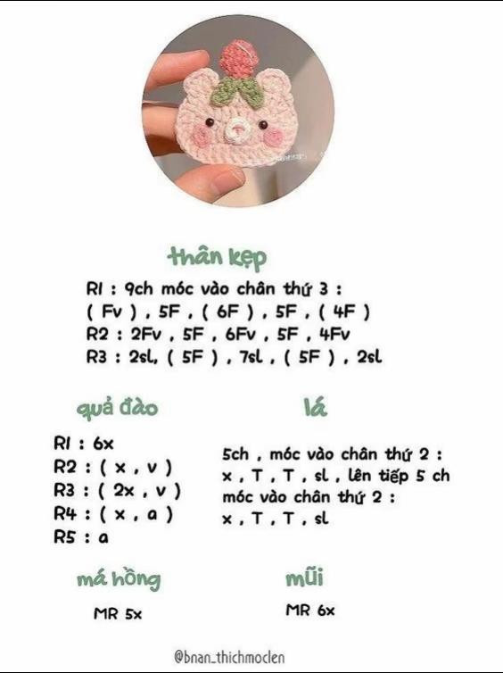 Tổng hợp chart móc kẹp tóc hình trái cây, hoa và gấu dễ thương cho người mới