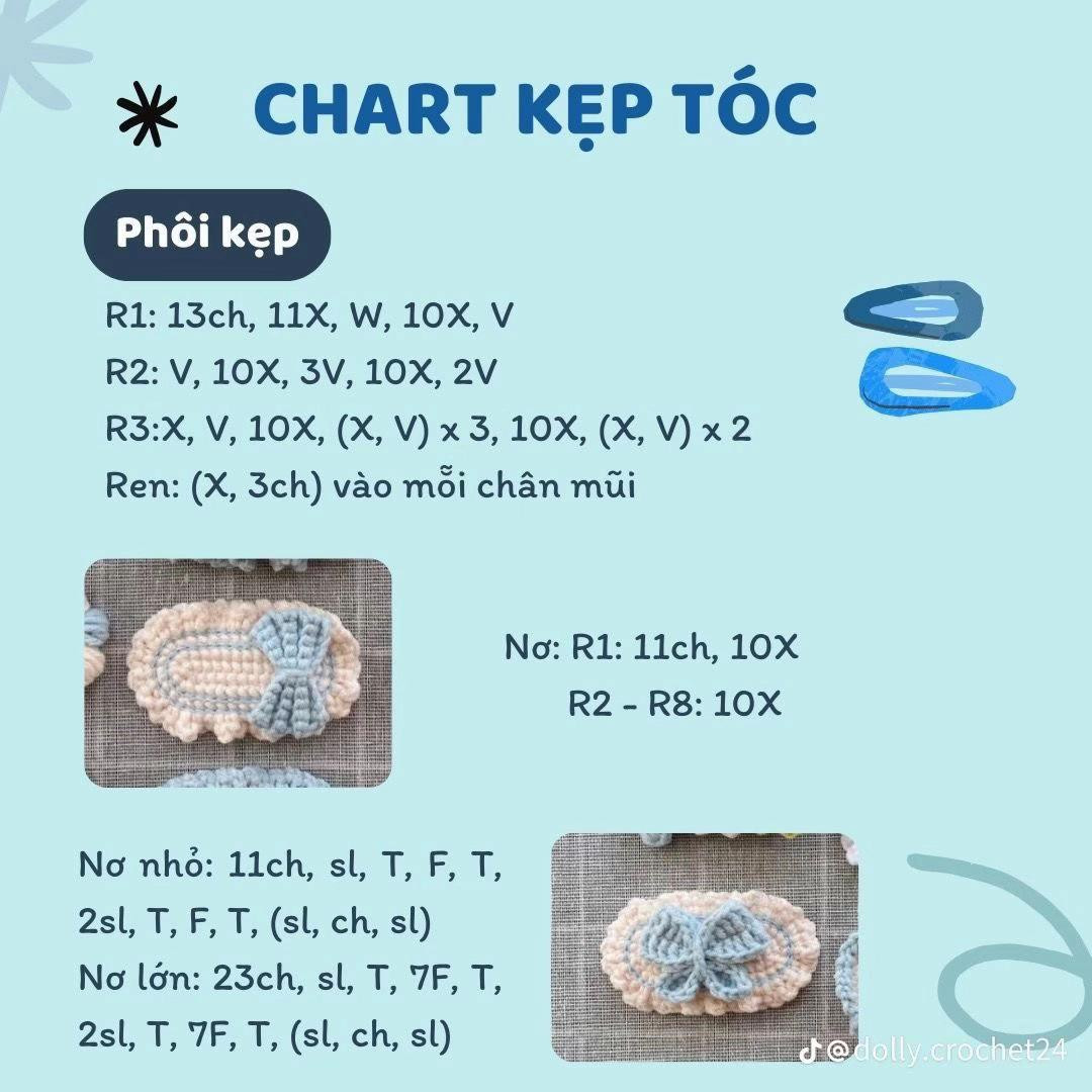 Tổng hợp chart móc kẹp tóc hình trái cây, hoa và gấu dễ thương cho người mới