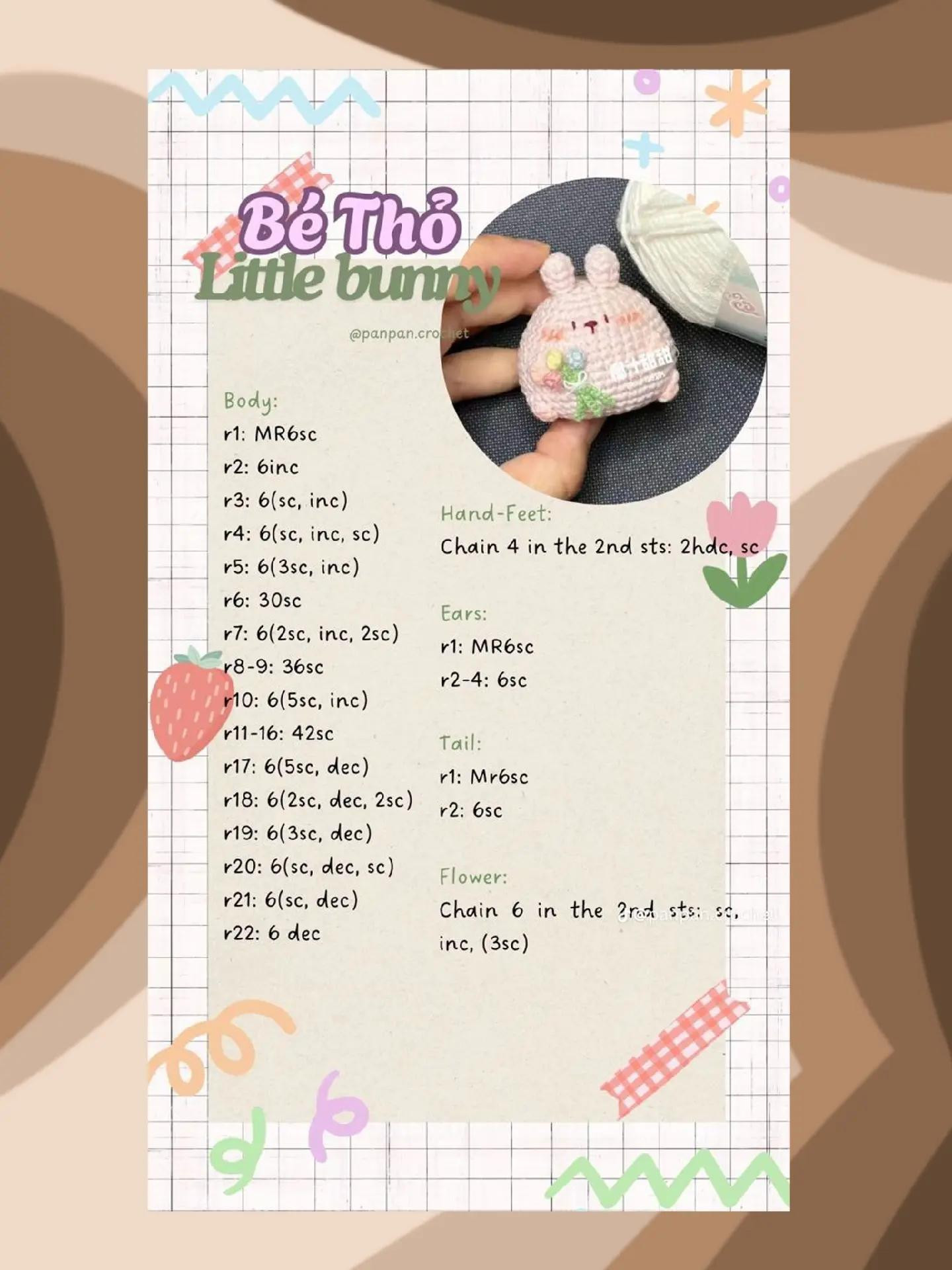 Tổng hợp chart móc len amigurumi: Bé Nấm, Thỏ, Dừa, Ếch và Bánh Gấu