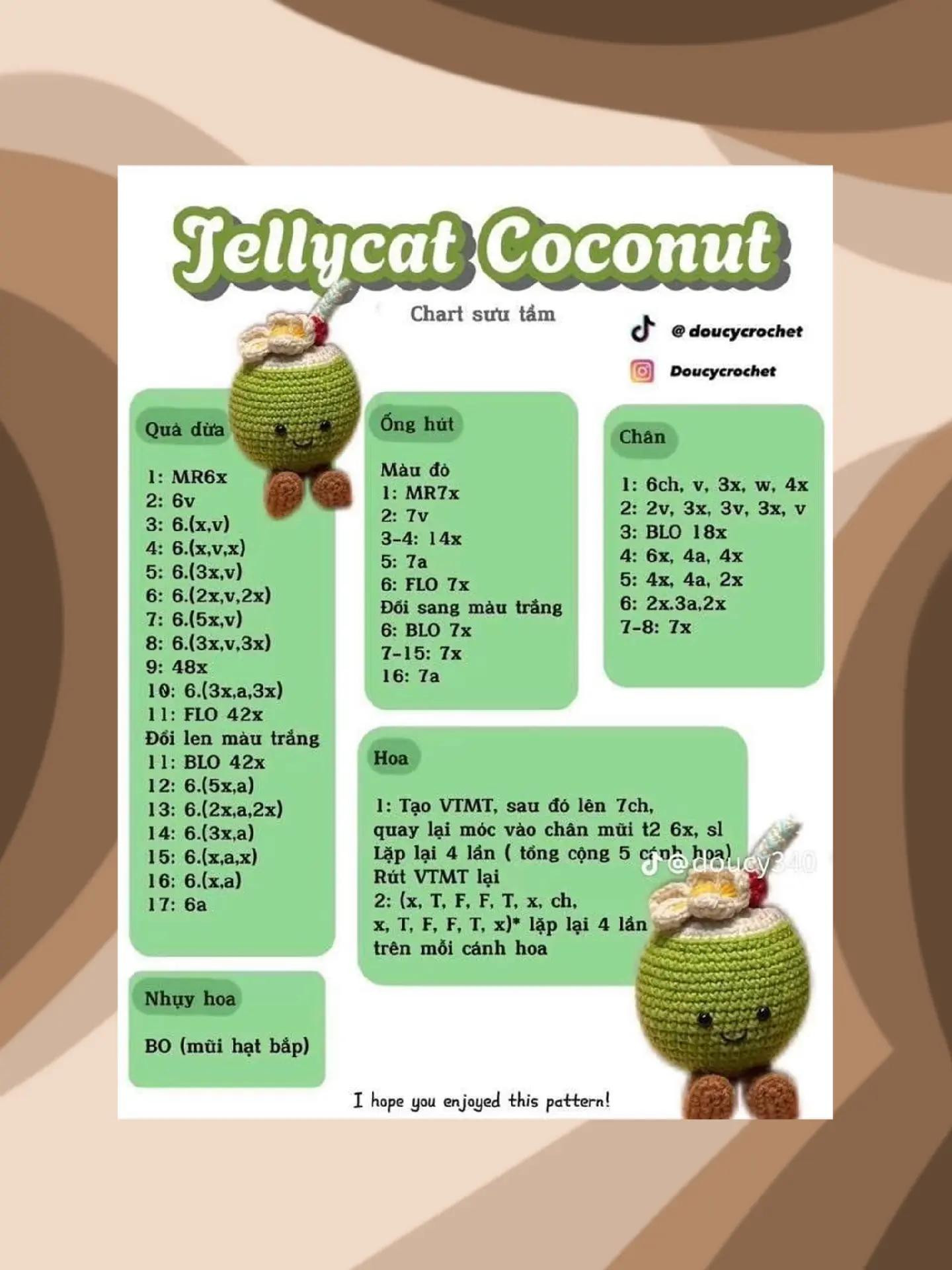 Tổng hợp chart móc len amigurumi: Bé Nấm, Thỏ, Dừa, Ếch và Bánh Gấu