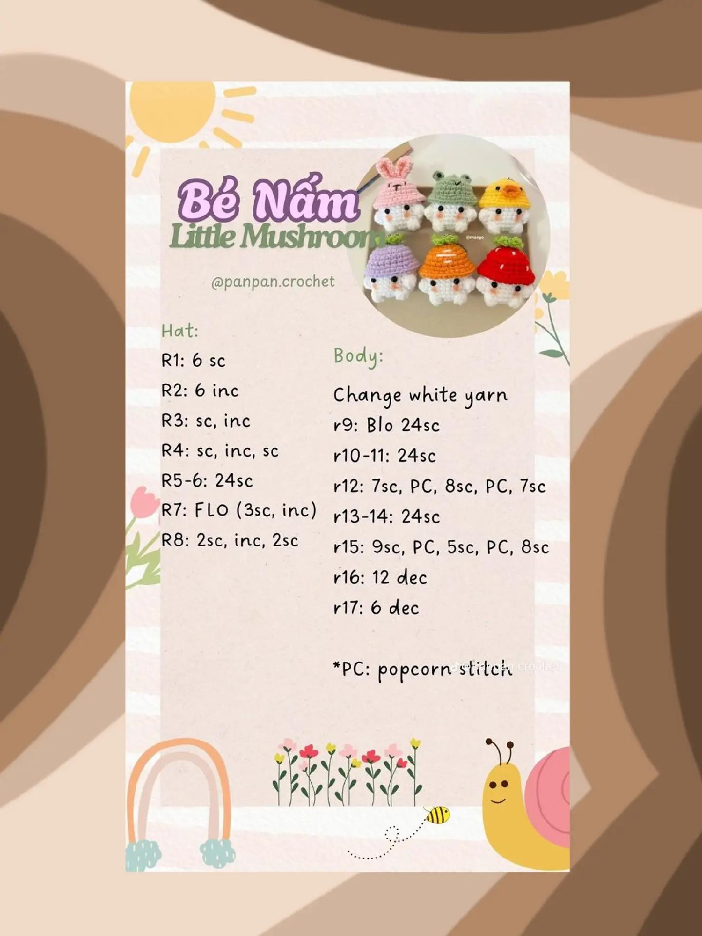 Tổng hợp chart móc len amigurumi: Bé Nấm, Thỏ, Dừa, Ếch và Bánh Gấu