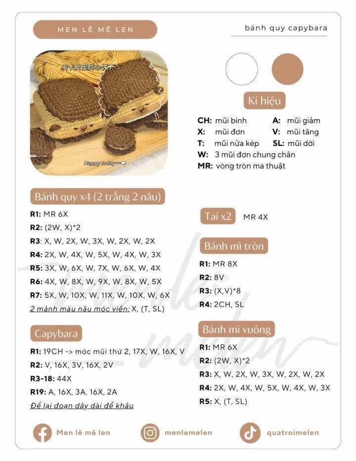 Tổng hợp chart móc len bánh gấu, cá taiyaki và capybara dễ thương