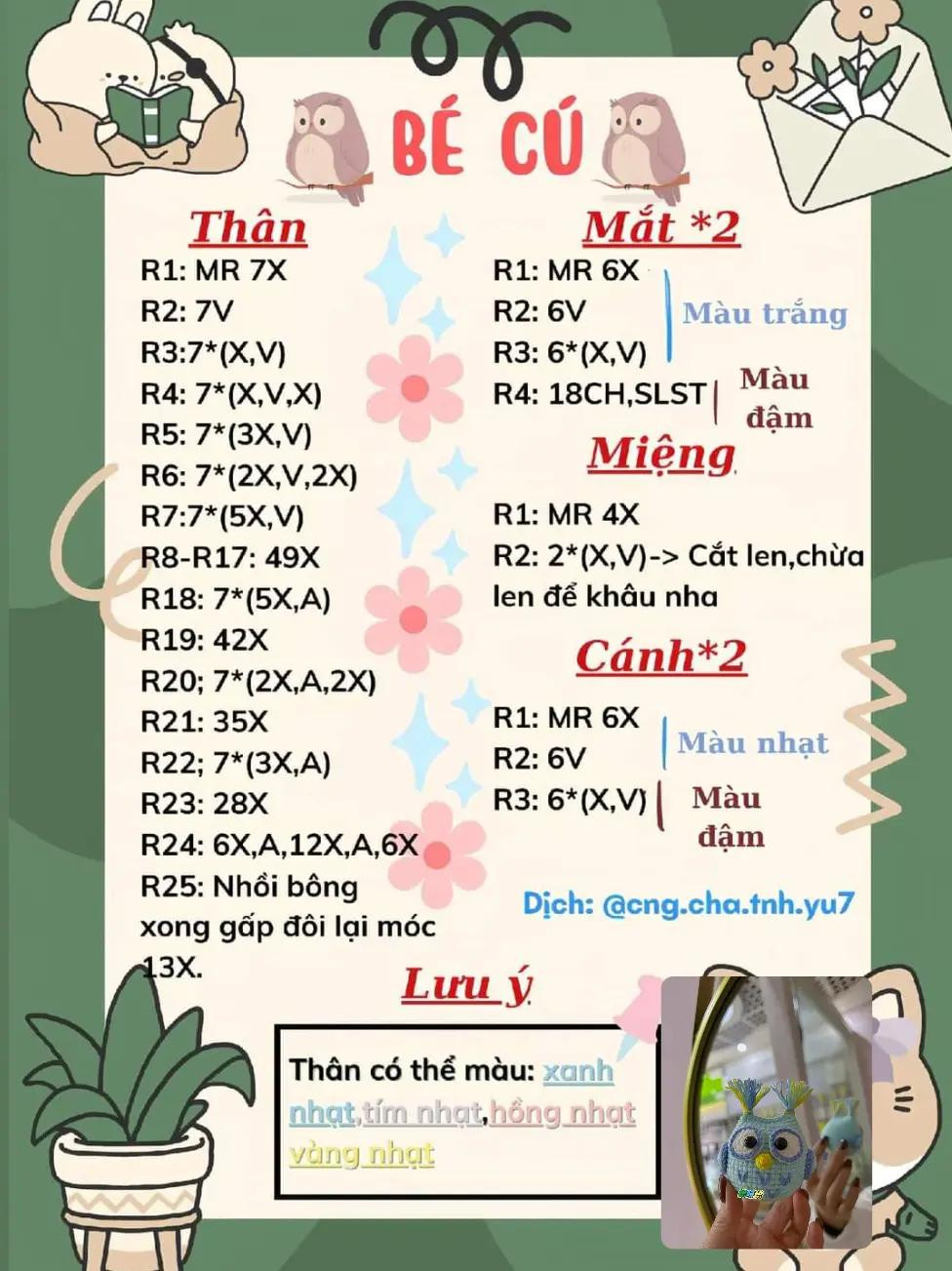 Tổng hợp chart móc len: Bé cú, Con cá, Mochi cute và Thỏ