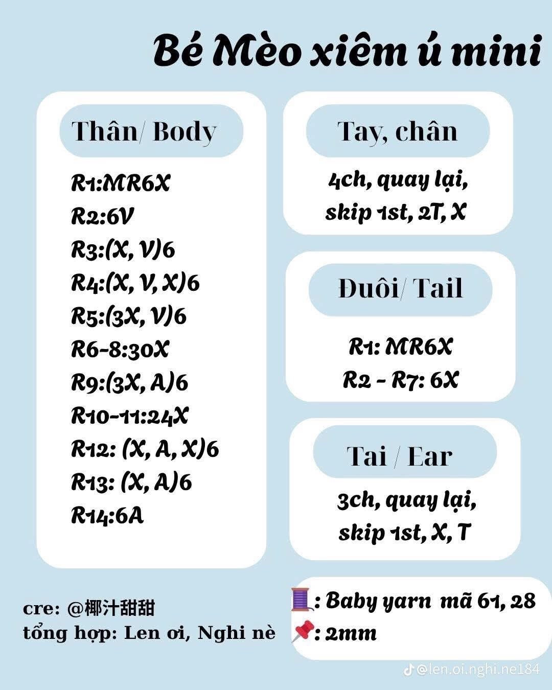 Tổng hợp chart móc len bé Mèo xiêm, Thỏ hồng và Cừu trắng mini