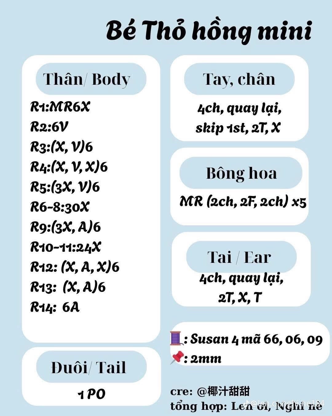 Tổng hợp chart móc len bé Mèo xiêm, Thỏ hồng và Cừu trắng mini