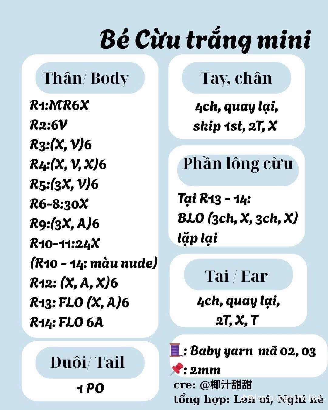 Tổng hợp chart móc len bé Mèo xiêm, Thỏ hồng và Cừu trắng mini