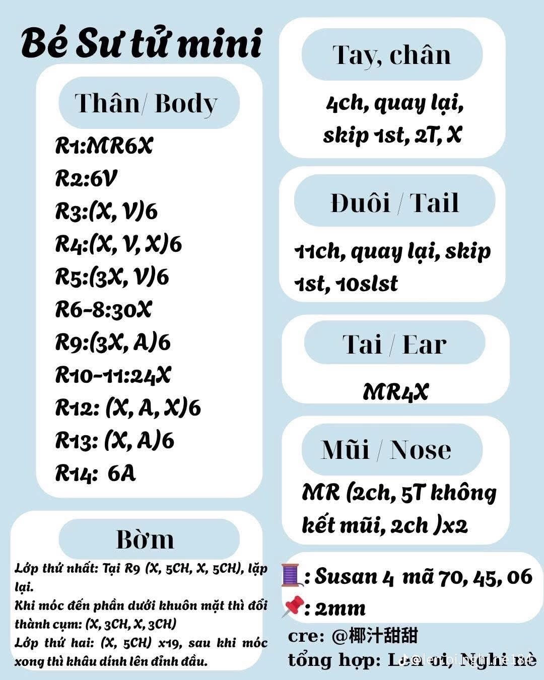 Tổng hợp chart móc len bé Mèo xiêm, Thỏ hồng và Cừu trắng mini