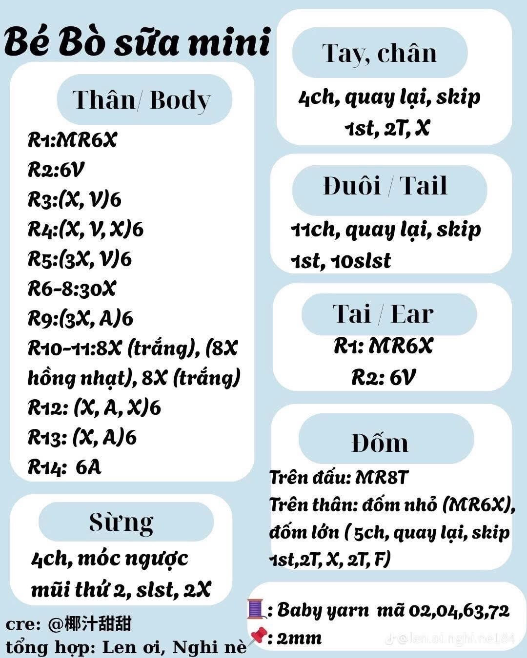 Tổng hợp chart móc len bé Mèo xiêm, Thỏ hồng và Cừu trắng mini