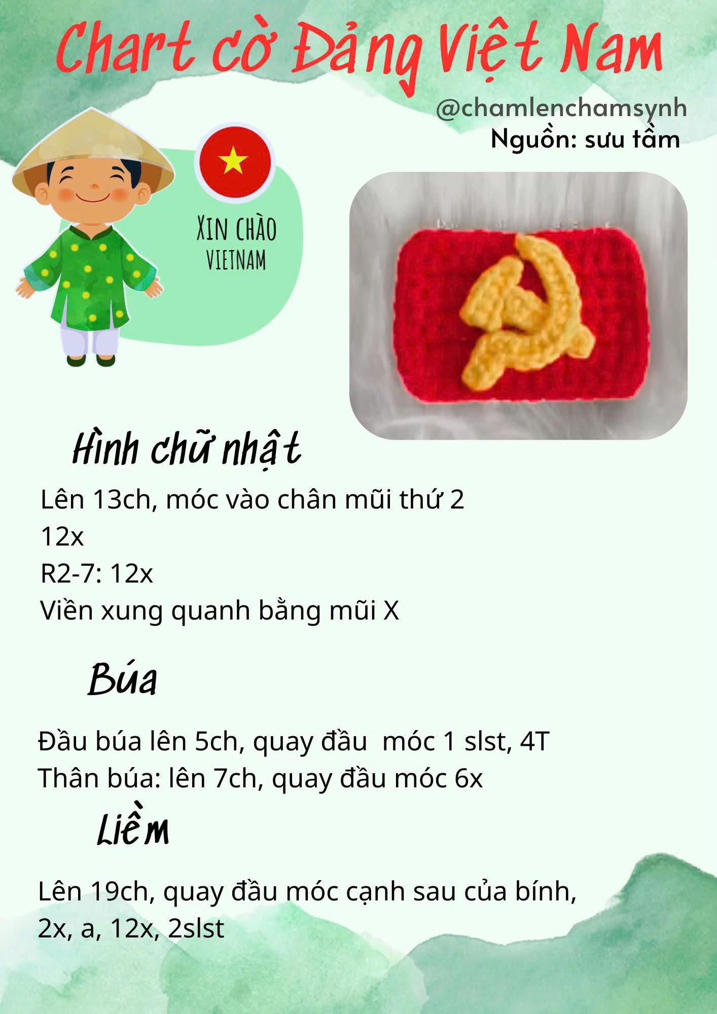 Tổng hợp chart móc len biểu tượng Việt Nam: Nón lá, Quốc kỳ, Cờ Đảng, Mũ bộ đội