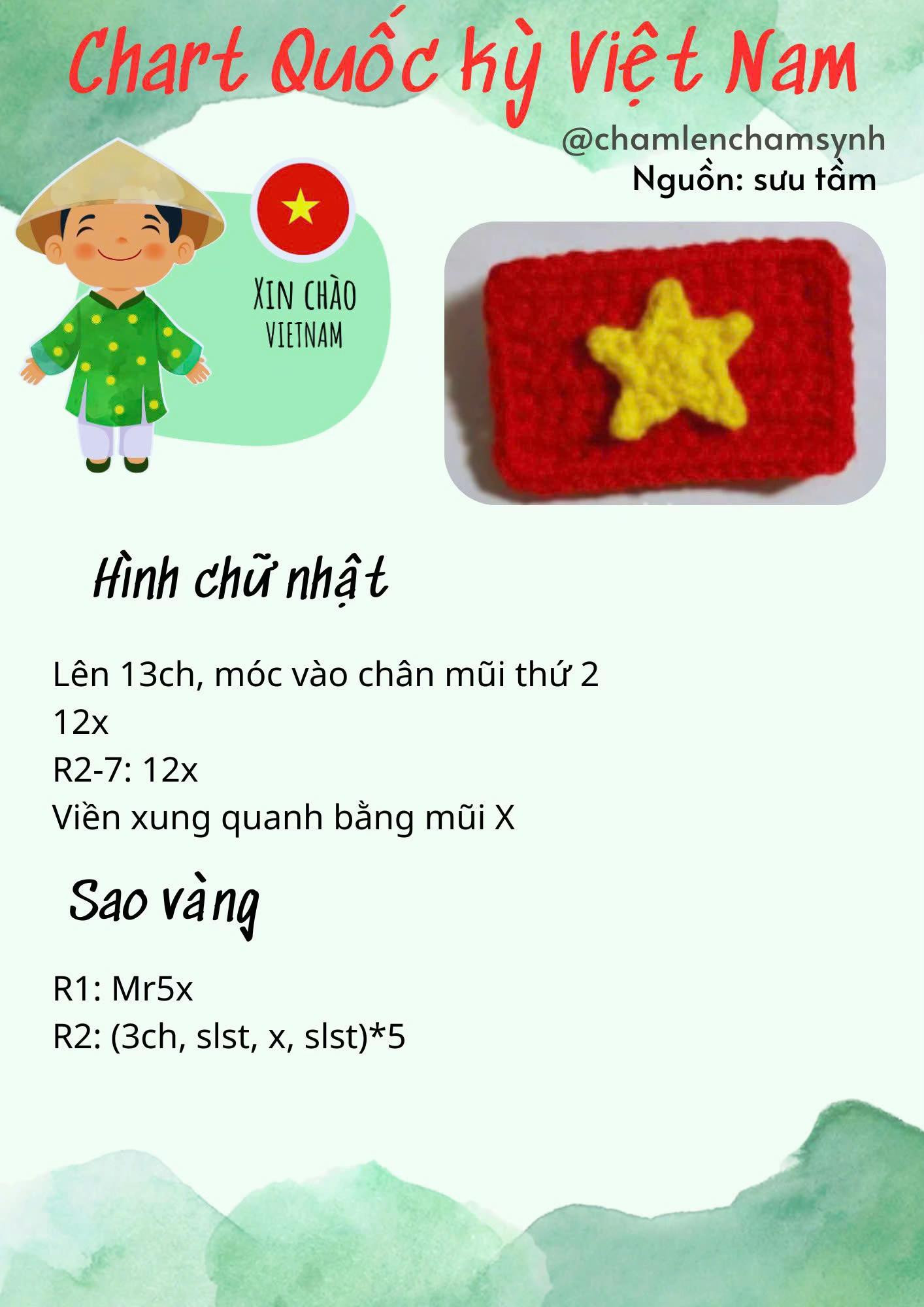 Tổng hợp chart móc len biểu tượng Việt Nam: Nón lá, Quốc kỳ, Cờ Đảng, Mũ bộ đội