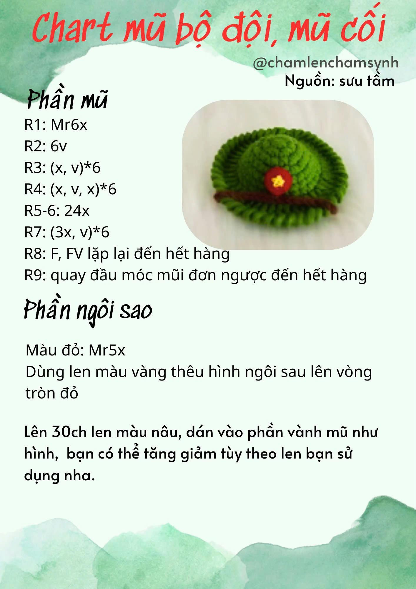 Tổng hợp chart móc len biểu tượng Việt Nam: Nón lá, Quốc kỳ, Cờ Đảng, Mũ bộ đội