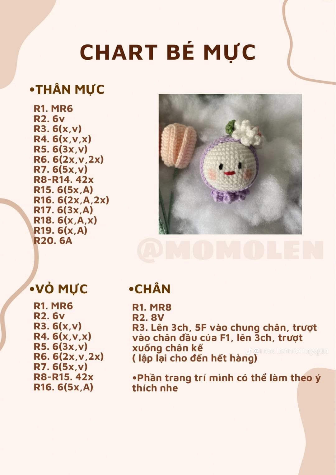 Tổng hợp chart móc len búp bê đáng yêu: Béo mực, Khỉ và Rùa với hướng dẫn chi tiết từng hàng