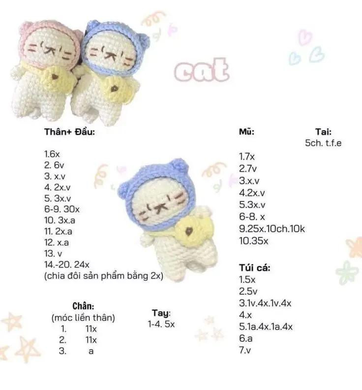 Tổng hợp chart móc len búp bê Hello Kitty và Thỏ đội mũ cá dễ thương