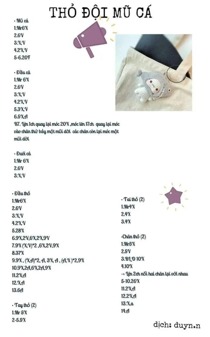 Tổng hợp chart móc len búp bê Hello Kitty và Thỏ đội mũ cá dễ thương